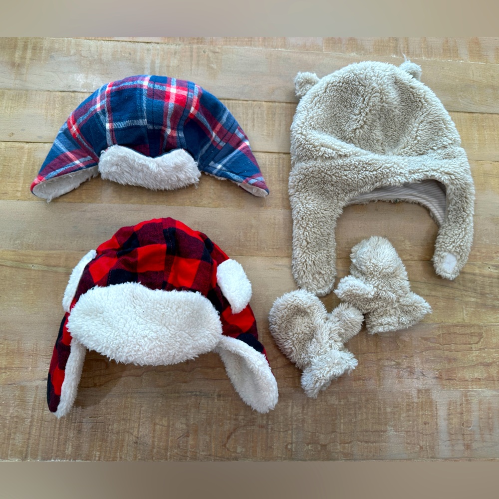 5 piece Carters baby kids head Sherpa hat beanies and mittens